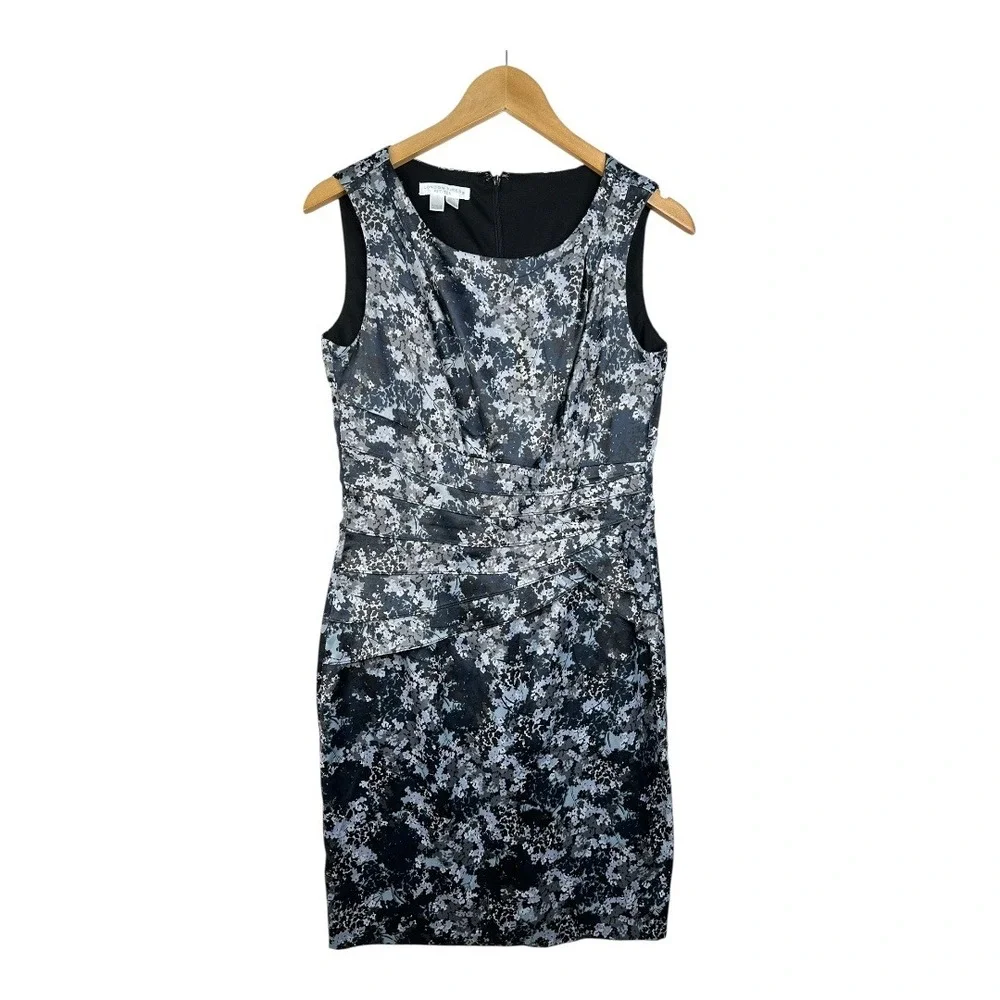 London Times Printed Sleeveless Sheath Dress‎ size 10P Gray/White/Black